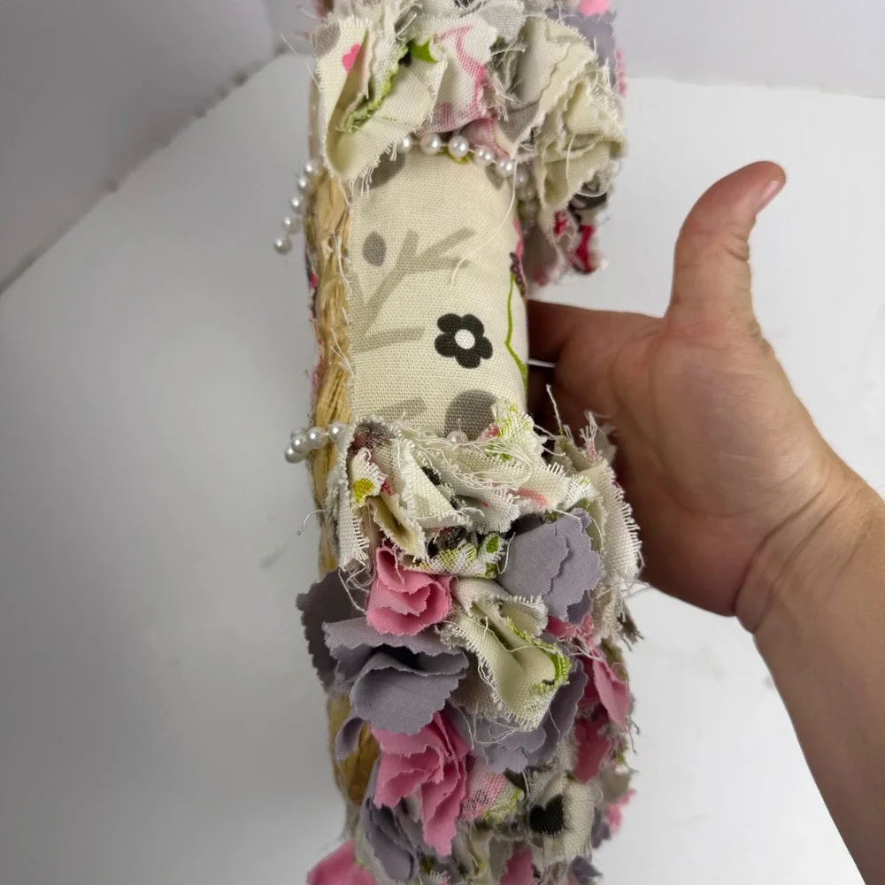 Handmade Shabby Chic Owl Rag Wreath Pink Grey Burlap Roses Nursery Decor 12